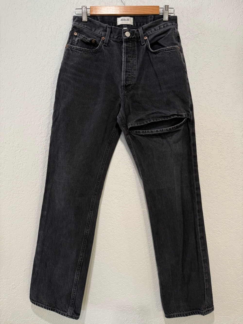 Agolde Women’s Washed Black Straight Jeans with High Thigh Cut Size 26